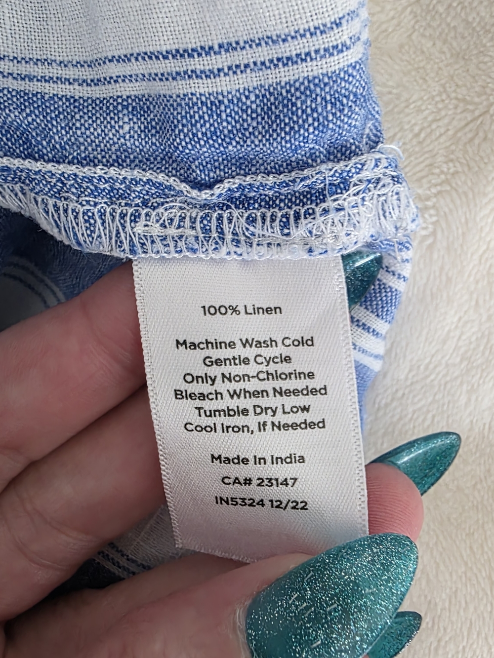 Talbots XLP 100% Linen Striped Top Blue White Coastal Nautical Split Neck XLP - Picture 5 of 5